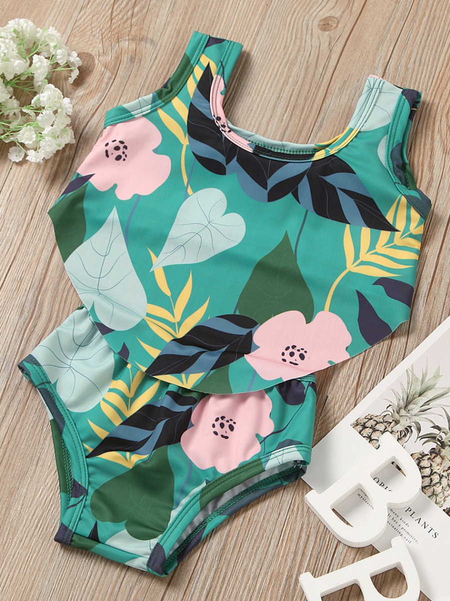 

Lovely Girl Boho U Neck Floral Print Green Tankini