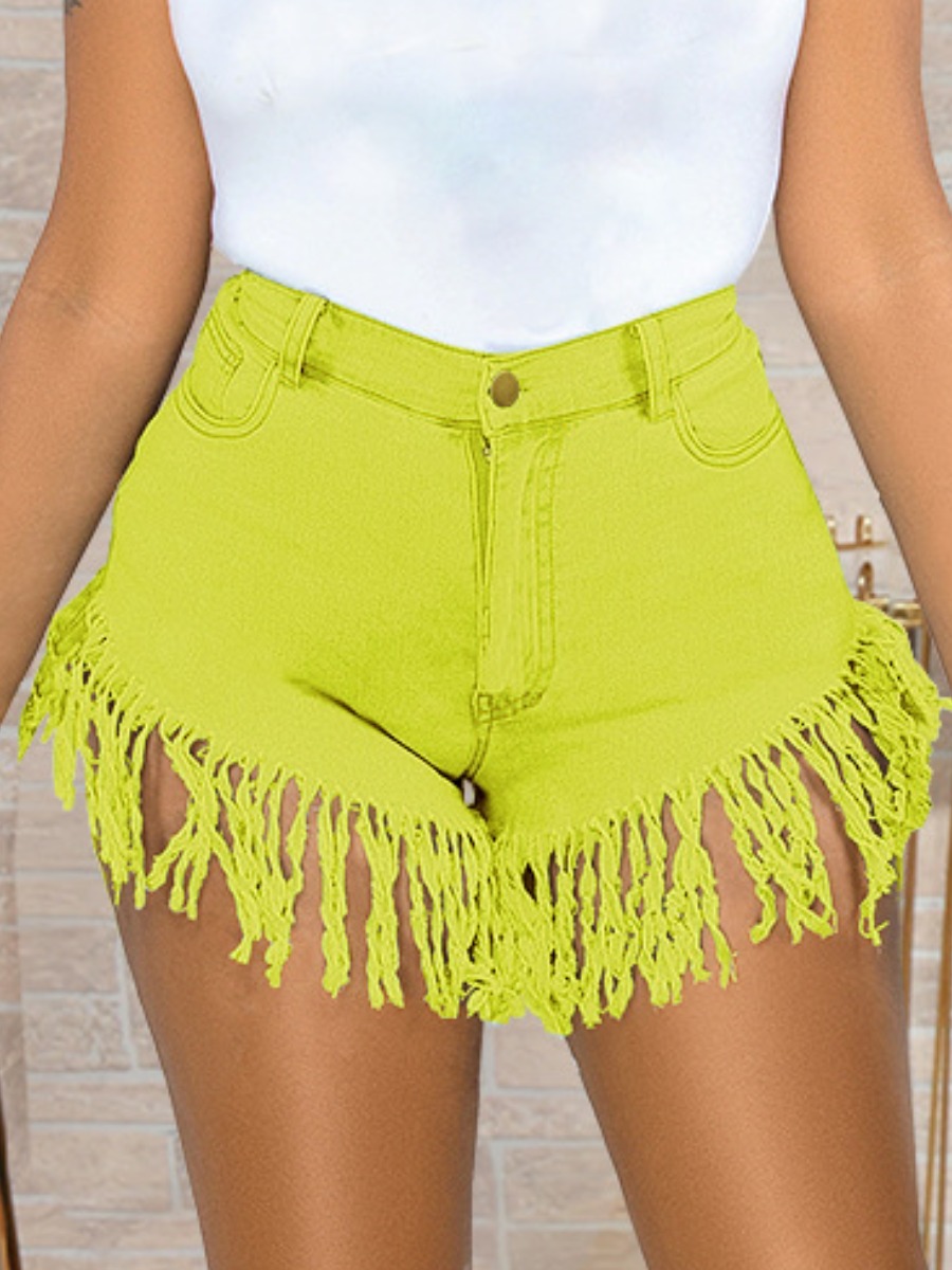 

Lovely Casual High-waisted Tassel Design Yellow Denim Shorts