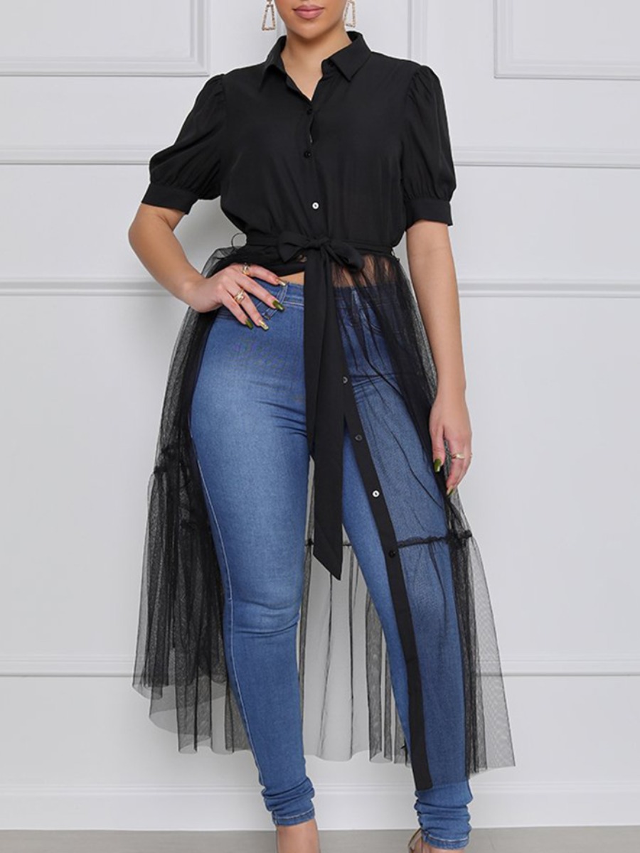 

Lovely Sweet See-through Ruffle Bandage Design Black Blouse