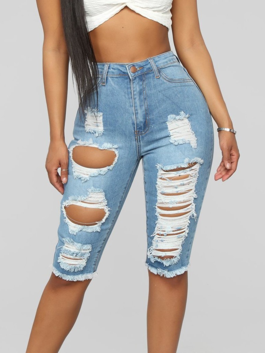 

Lovely Street High-waisted Ripped Baby Blue Denim Shorts