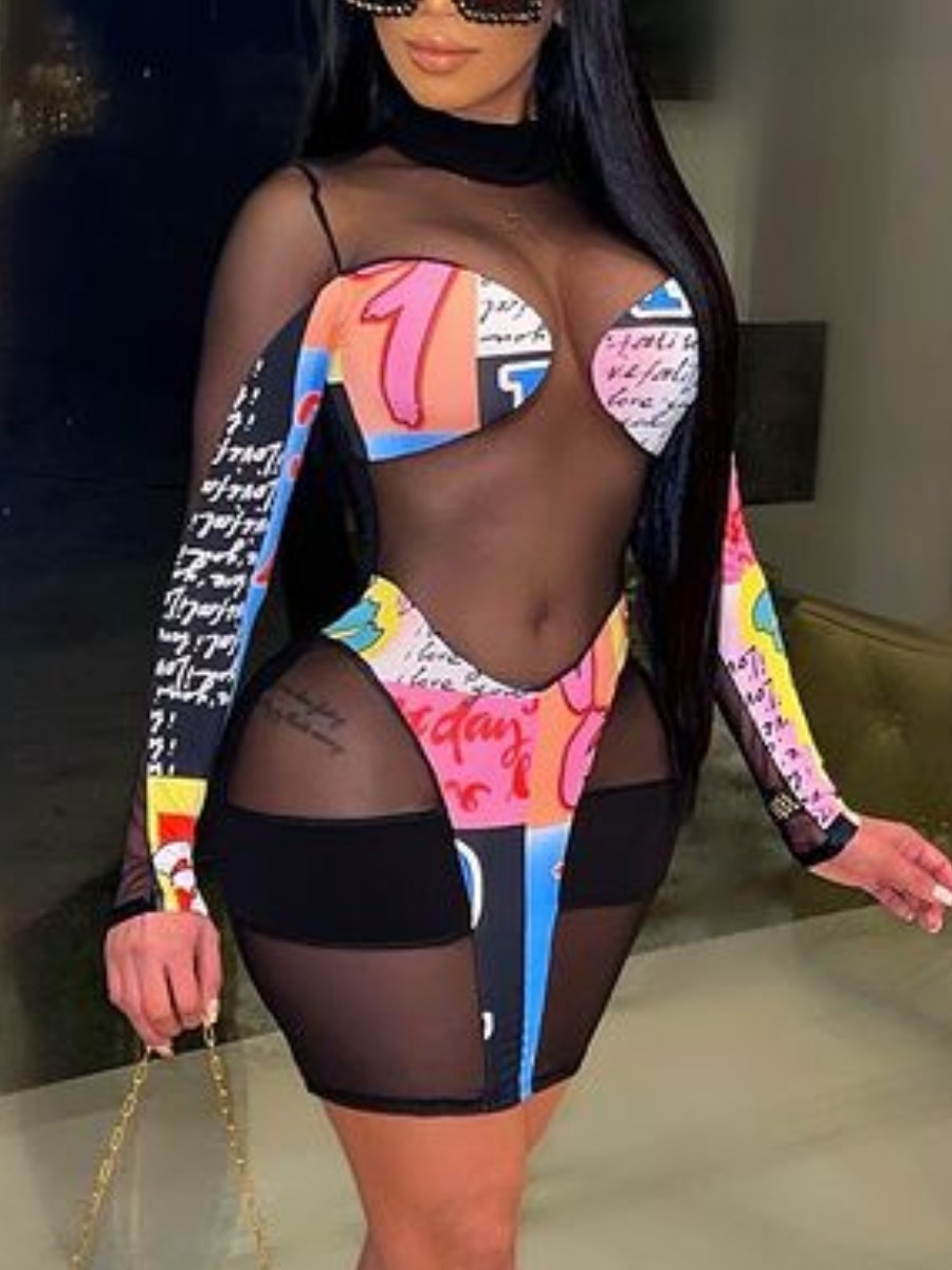 

Lovely Sexy See-through Letter Print Black Mini Dress