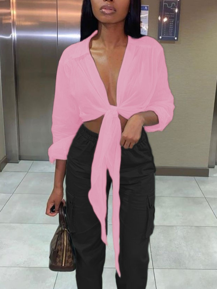 

LW Street V Neck Bandage Design Pink Blouse