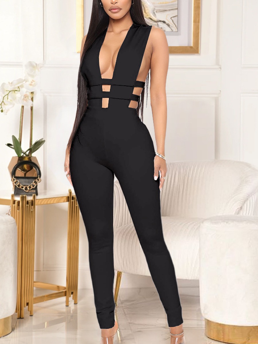 

Lovely Sexy Bandage Hollow-out Design Black One-piece Jumpsuit