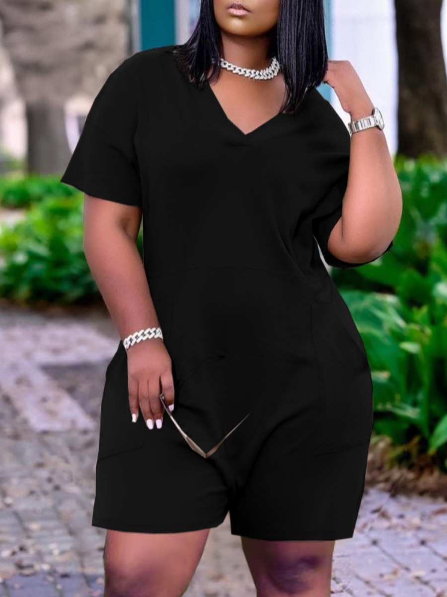 

Lovely Plus Size Casual V Neck Loose Black One-piece Romper