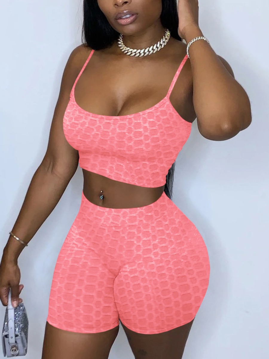 LW Sporty U Neck Elastic Pink Yoga Two Piece Shorts Set