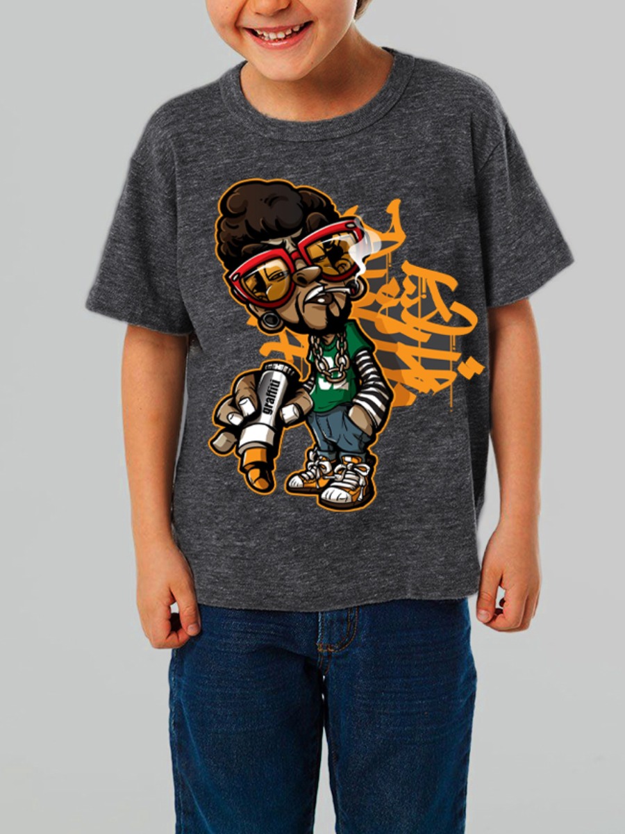 

Lovely Boy Street O Neck Cartoon Print Dark Grey T-shirt
