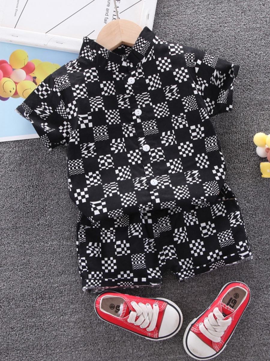 

Lovely Boy Street Plaid Print Patchwork Black And White Two Piece Shorts Set, Black & white tartan