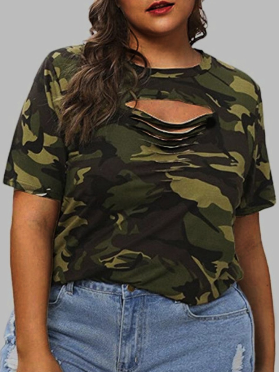 

Lovely Street Camo Print Ripped Plus Size T-shirt