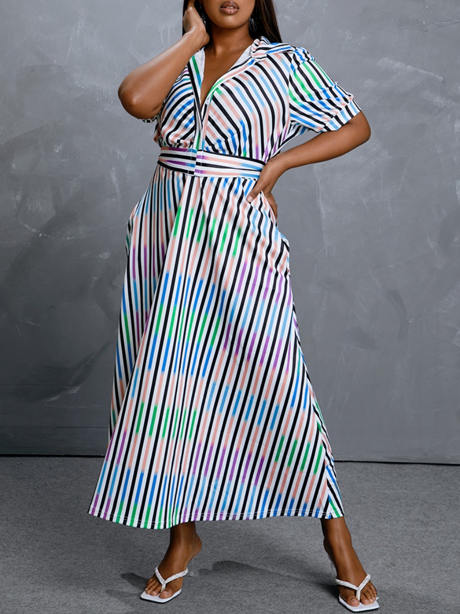 

Lovely Casual Turndown Collar Striped Multicolor Ankle Length Plus Size Dress, Multi