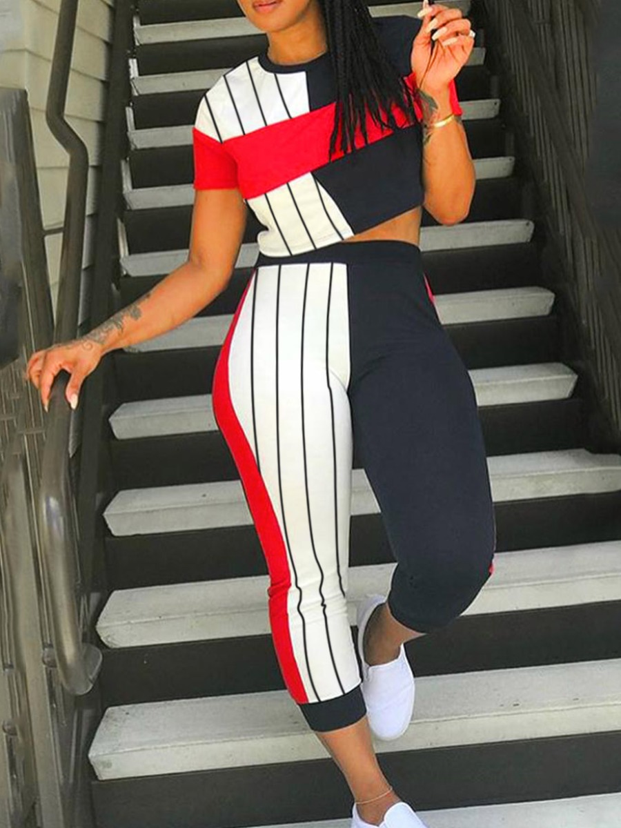 

Lovely Casual O Neck Striped Red Two Piece Pants Set