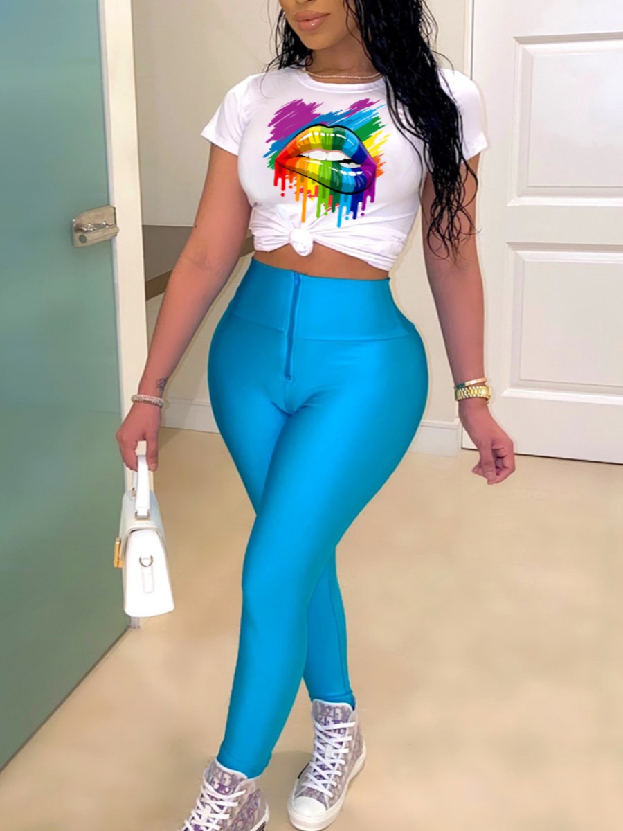 

Lovely Casual O Neck Lip Print White Two Piece Pants Set