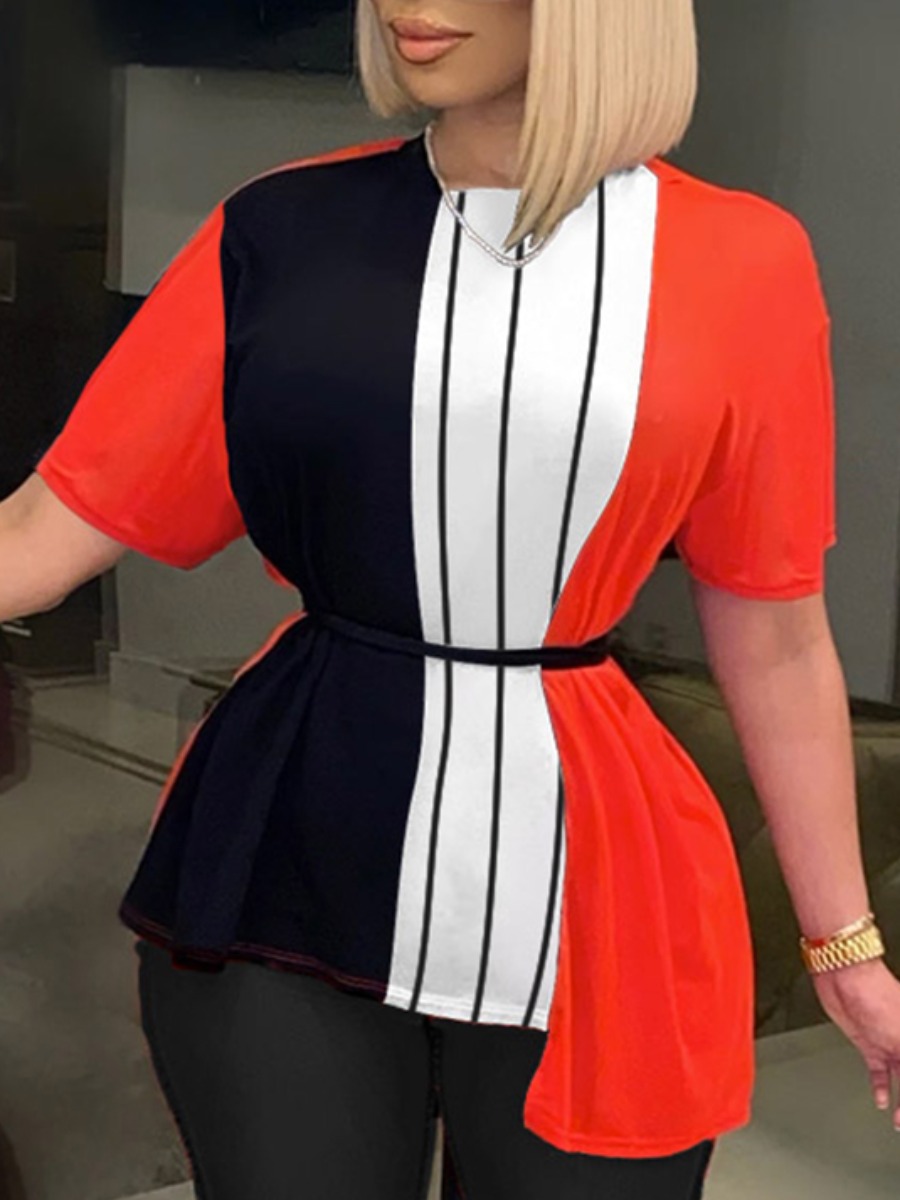 

Lovely Street Striped Patchwork Red T-shirt