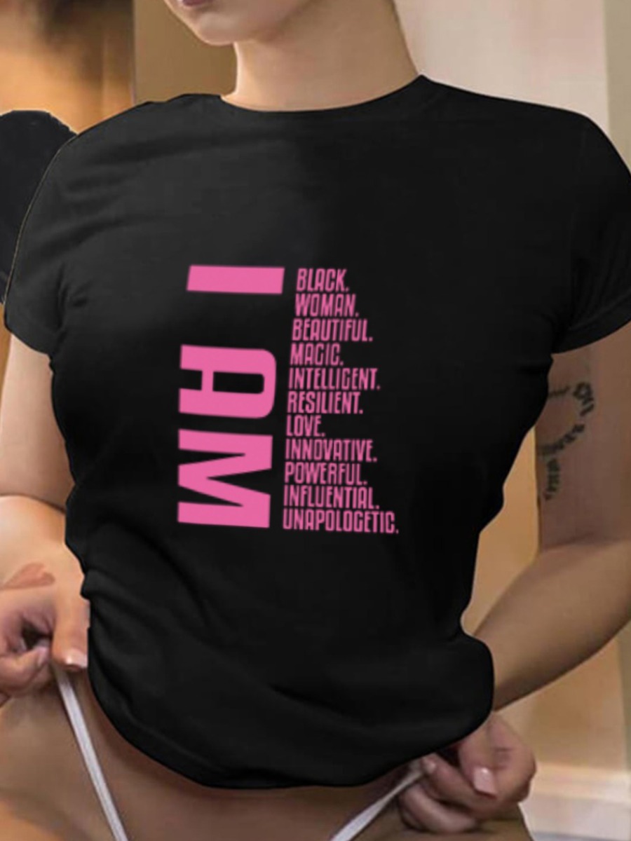 

LW Plus Size Casual O Neck Letter Print Black T-shirt