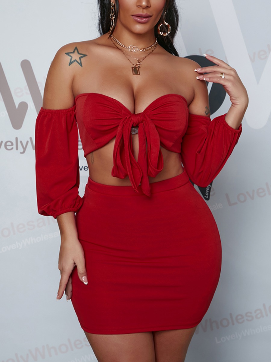 

Lovely Sweet Off The Shoulder Bandage Design Wine Red Two Piece Skirt Set