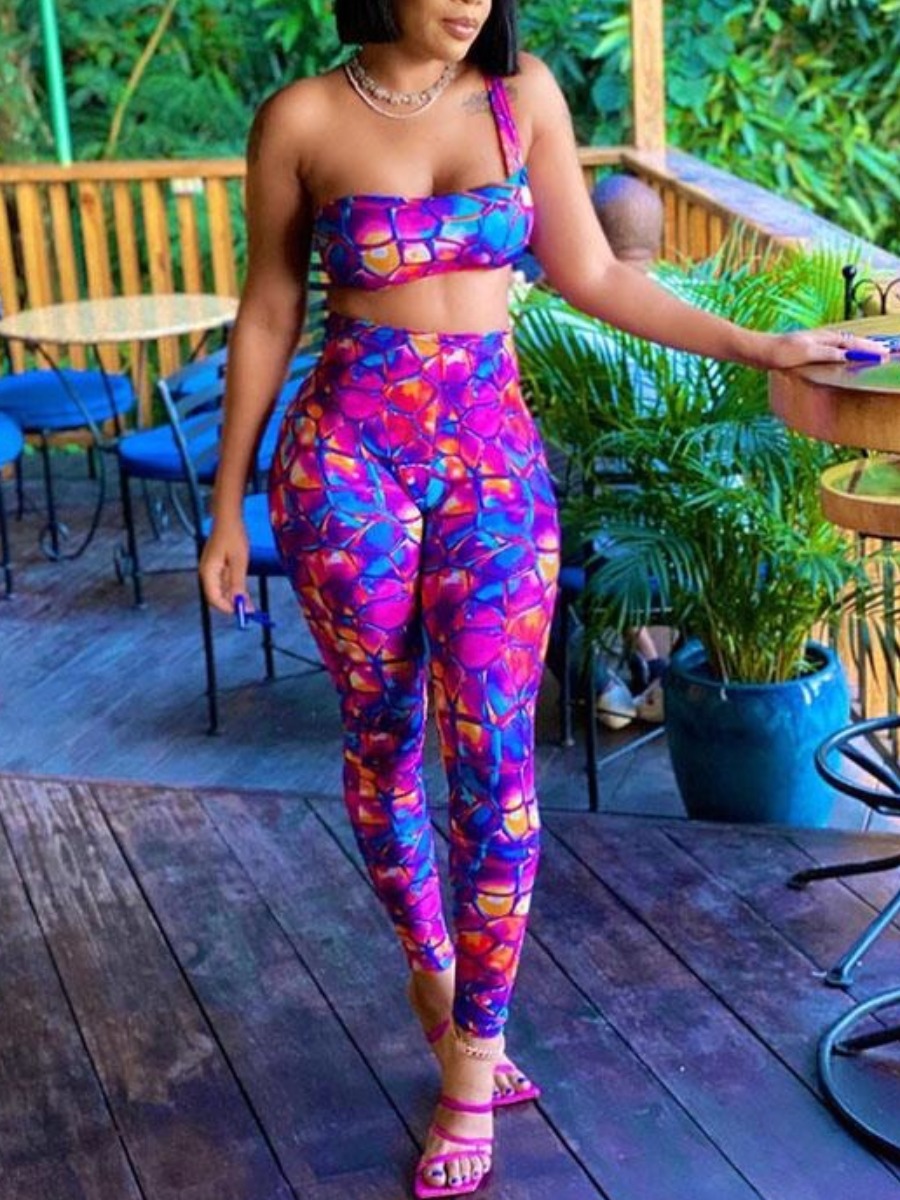 

Lovely Street One Shoulder Print Patchwork Multicolor Two Piece Pants Set, Multi