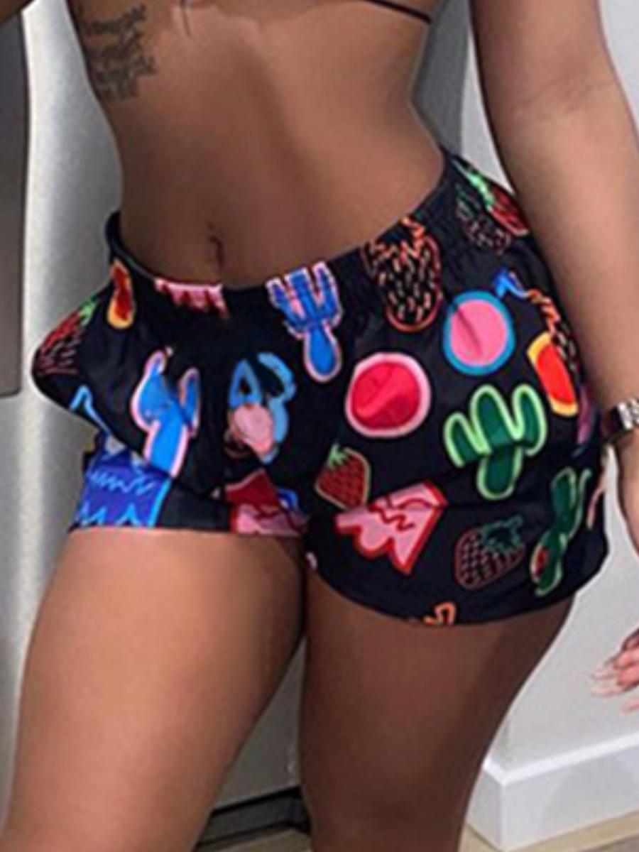 

Lovely Street Fruit Print Drawstring Multicolor Shorts, Multi