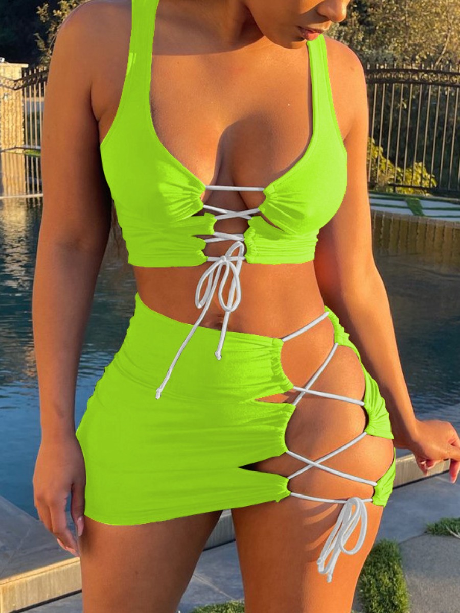

LW SXY Bandage Hollow-out Design Green Two Piece Skirt Set