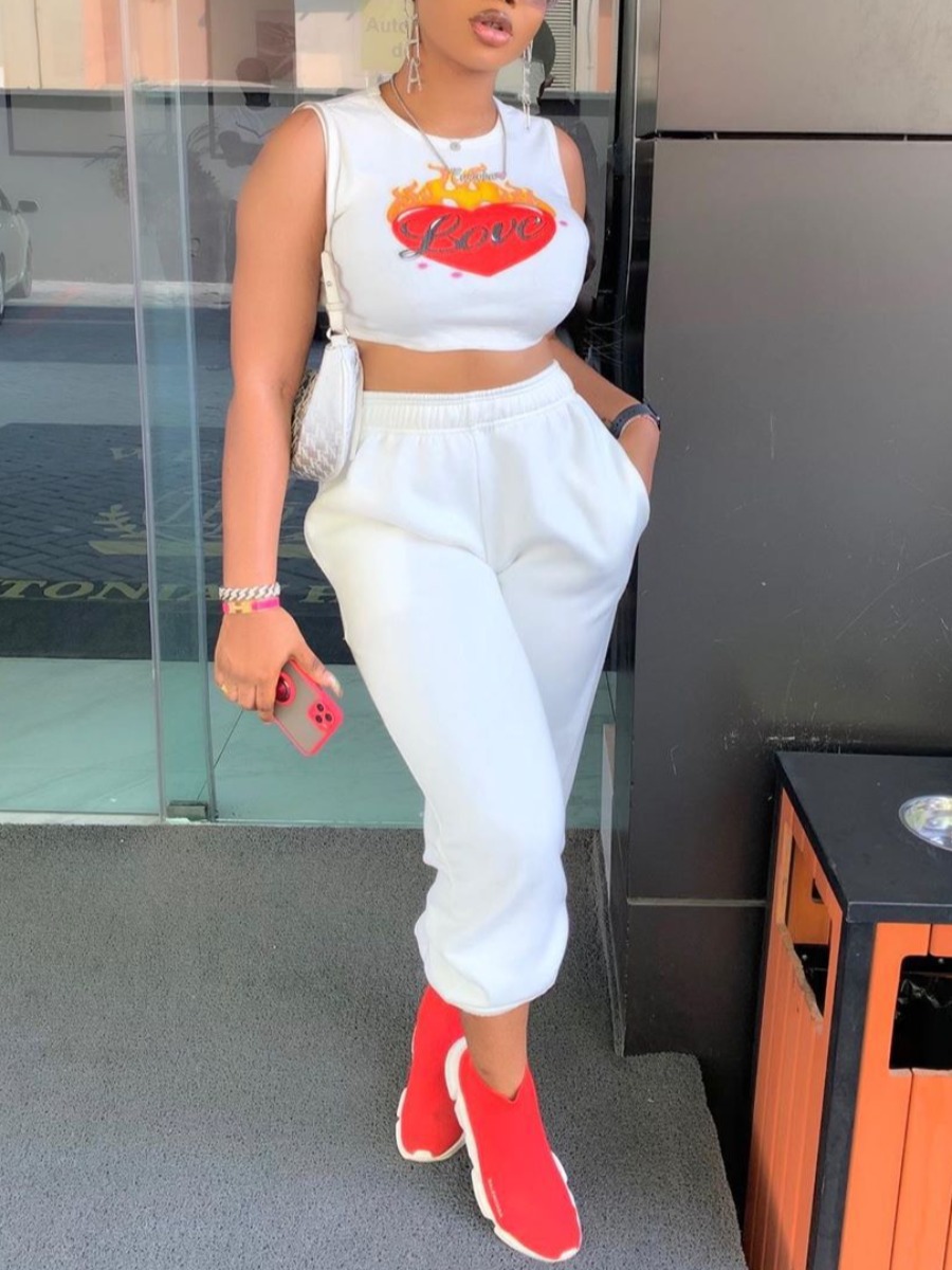 

Lovely Street Heart-shaped Letter Print White Two Piece Pants Set