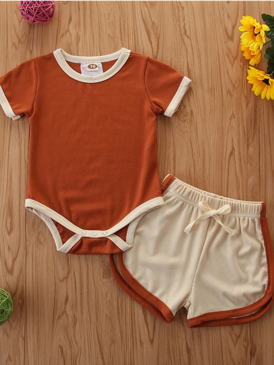 

Lovely Girl Sporty Rib-Knit Drawstring Brown Two Piece Shorts Set