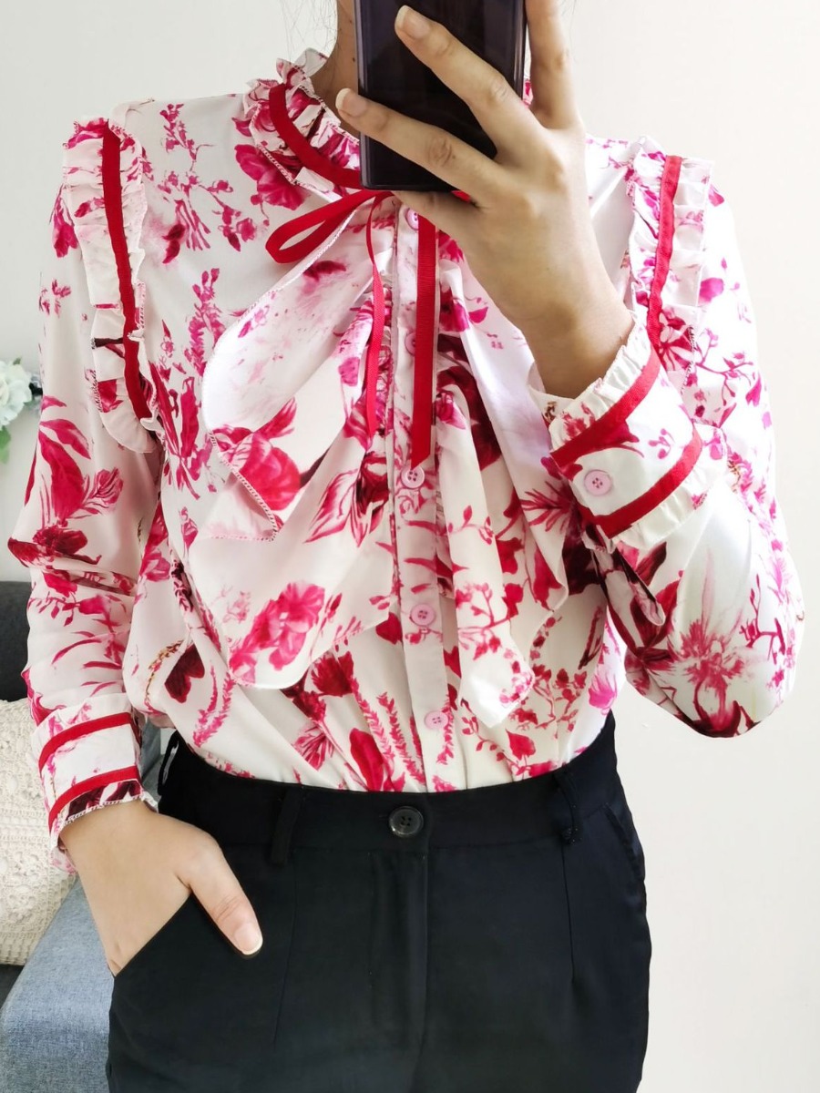 

Lovely Sweet Floral Print Flounce Design Red Blouse