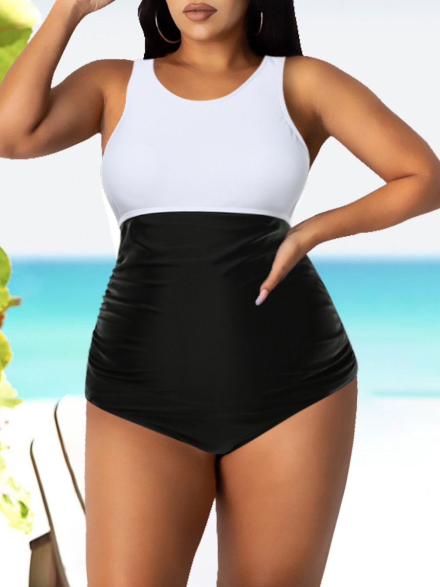 

Lovely Boho O Neck High-waisted Black And White Plus Size One-piece Swimsuit