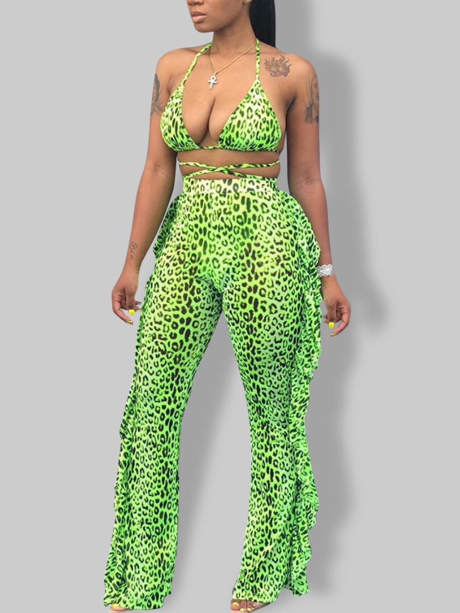 

Lovely Boho Animal Print Flounce Design Green Two-piece Swimsuit