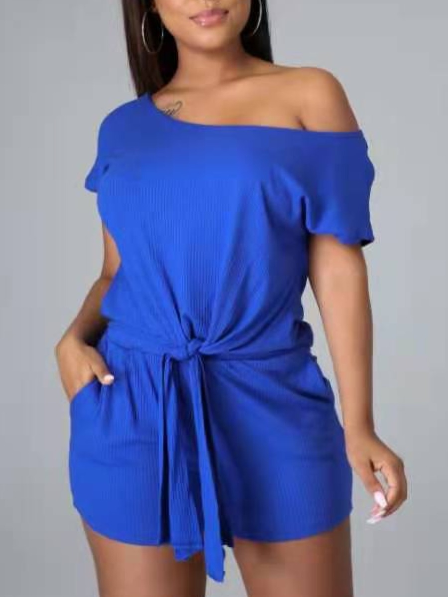 

Lovely Casual Boat Neck Bandage Design Blue One-piece Romper