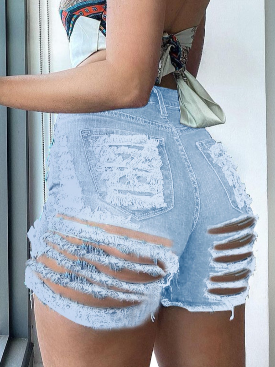 

Lovely Casual High-waisted Ripped Baby Blue Plus Size Denim Shorts