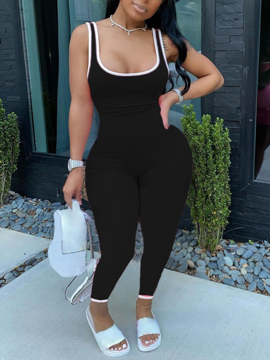 

LW Plus Size Sporty U Neck Patchwork Black One-piece Jumpsuit