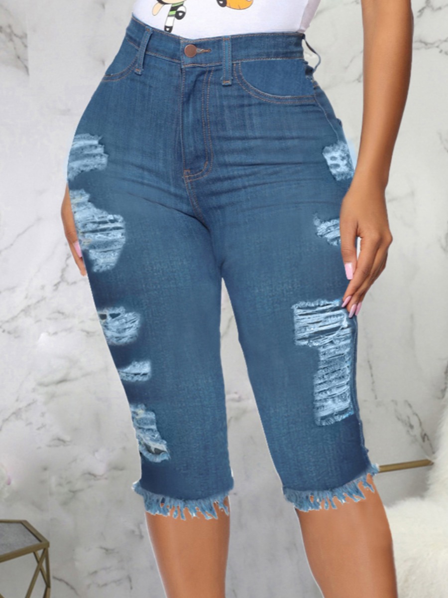 

Lovely Street High-waisted Ripped Raw Edge Blue Denim Shorts