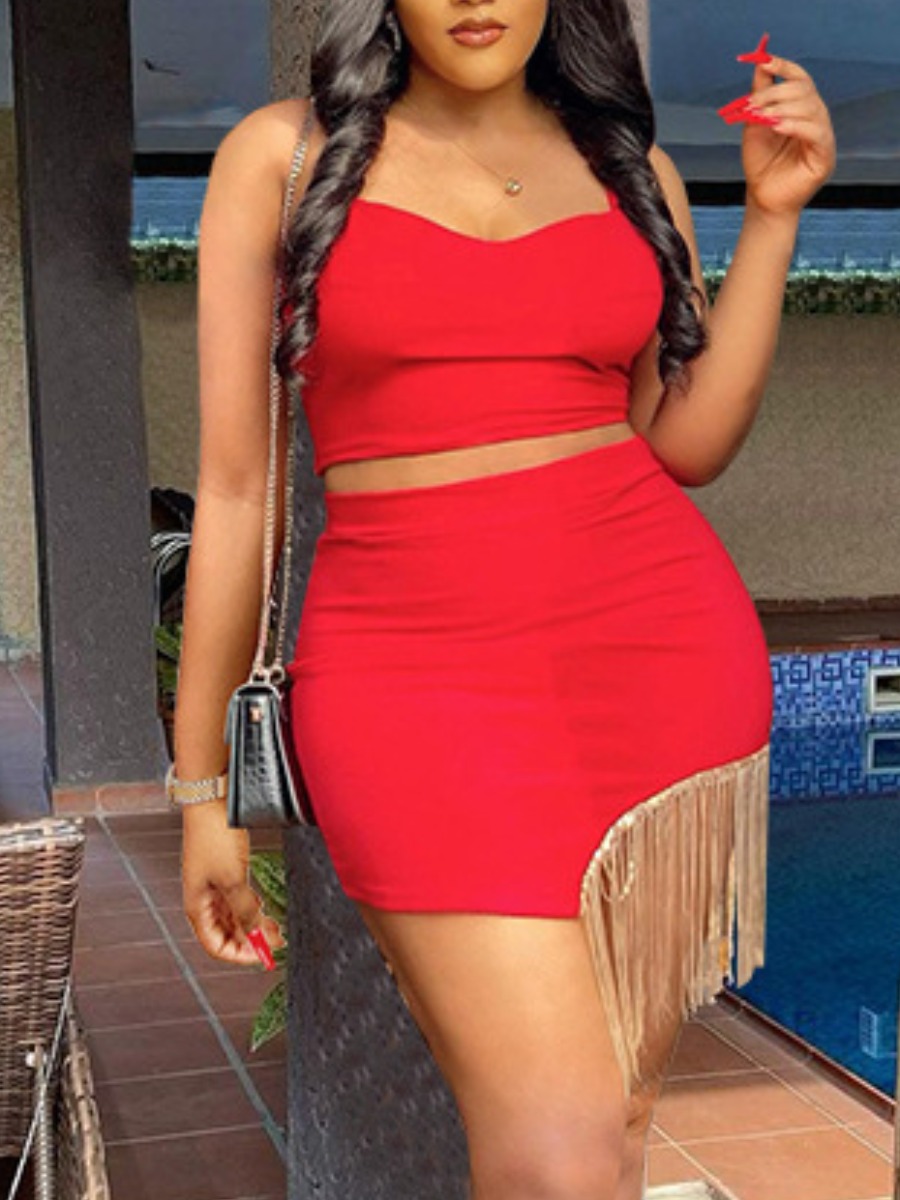 

Lovely Elegant Tassel Design Patchwork Red Two Piece Skirt Set