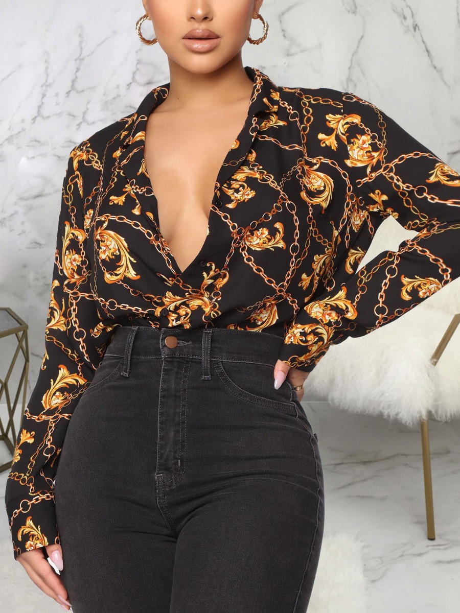 

Lovely Street Turndown Collar Chain Print Black Blouse