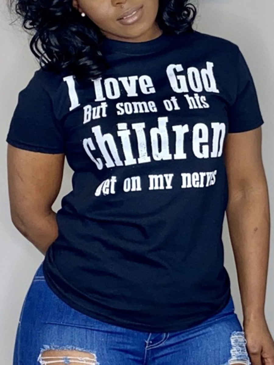 

Lovely Street O Neck Letter Print Black T-shirt