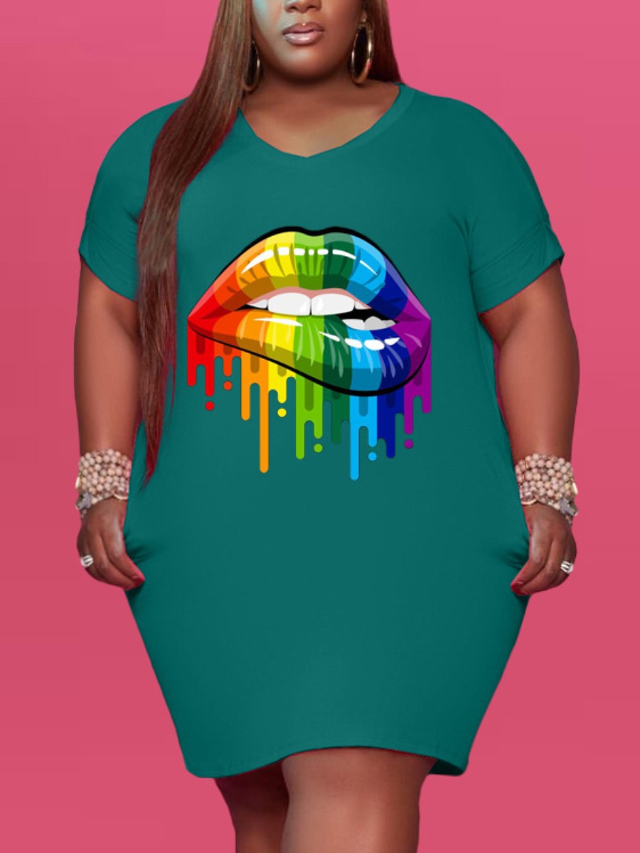 

Lovely Street V Neck Lip Print Green Mini Plus Size Dress