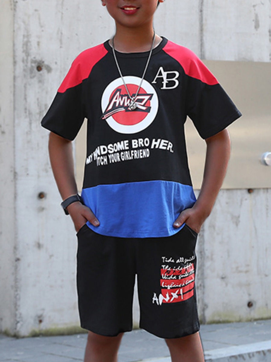 

Lovely Boy Street Letter Print Patchwork Blue Two Piece Shorts Set