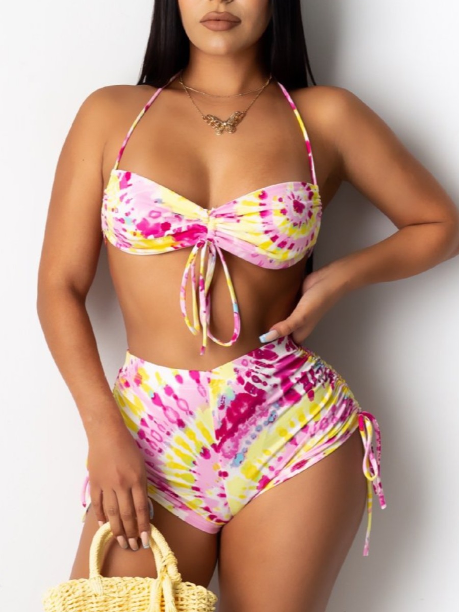 

Lovely Boho Tie-dye Drawstring Multicolor Two-piece Swimsuit, Multi