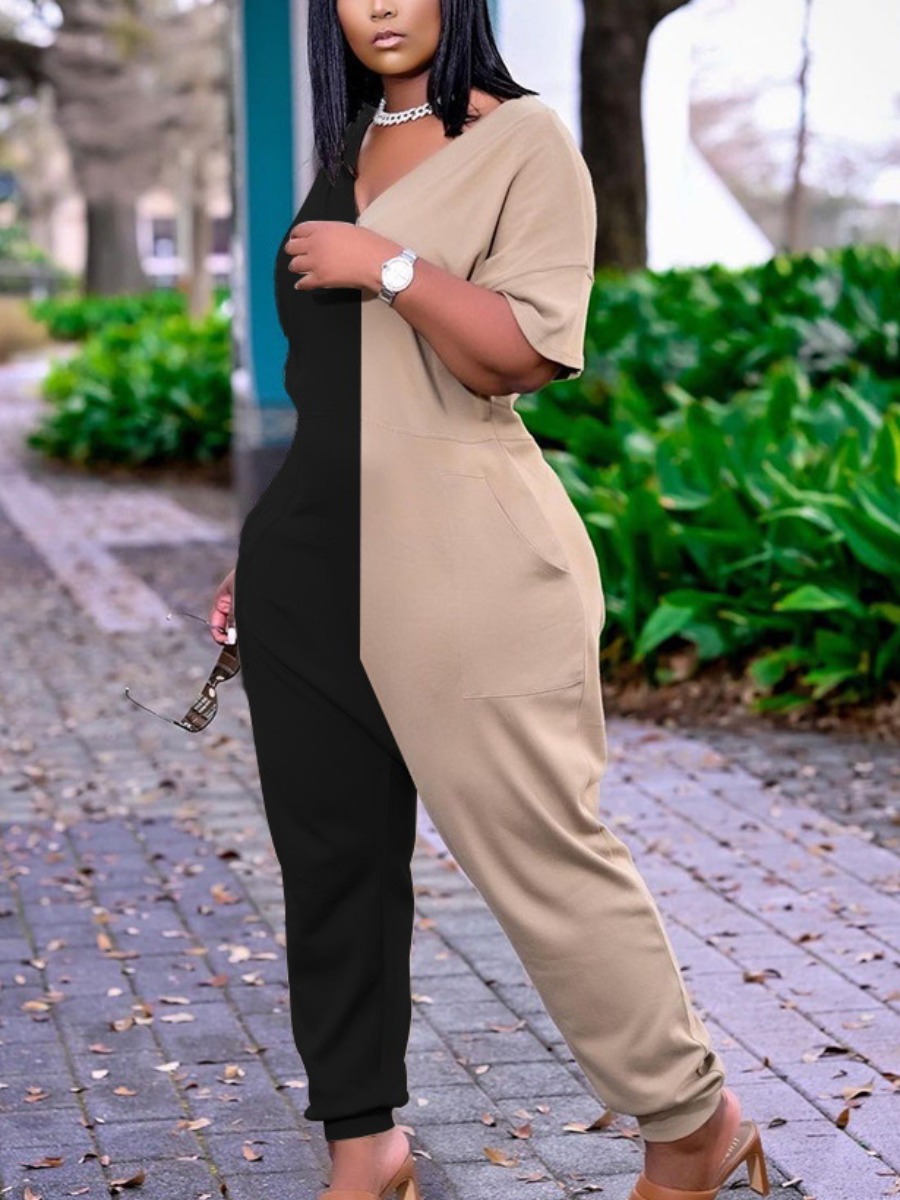 

Lovely Plus Size Casual Dropped Shoulder Color-lump Patchwork Apricot Two-piece Pants Set