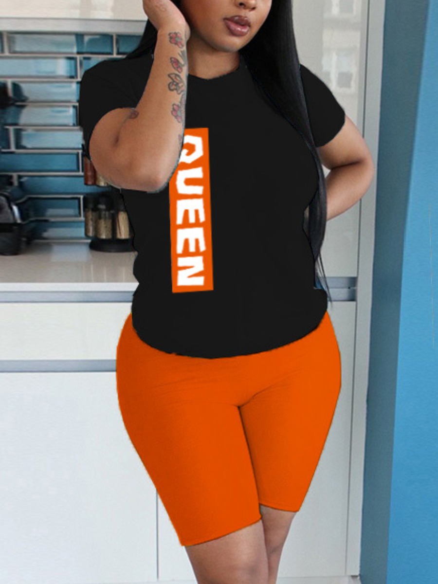 

Lovely Casual O Neck Letter Print Orange Two Piece Shorts Set