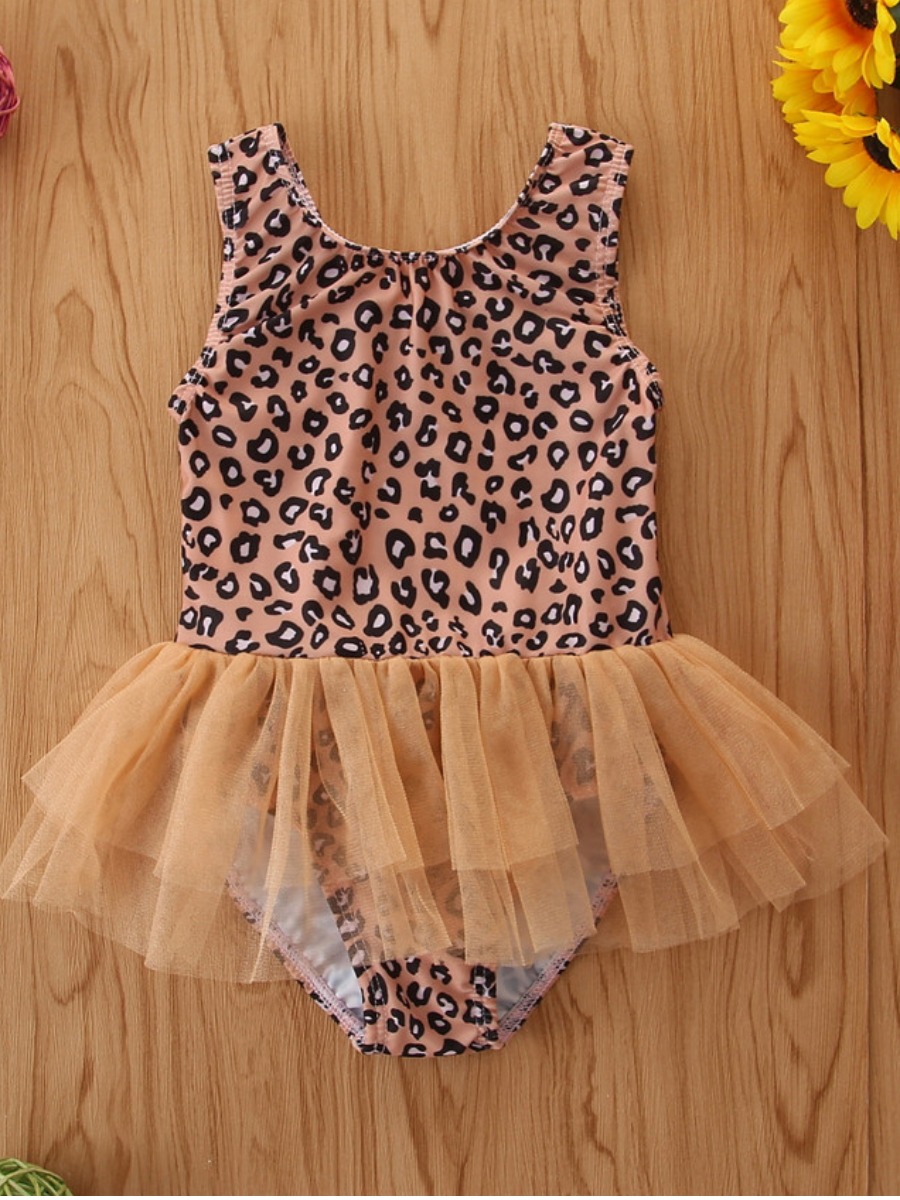 

Lovely Girl Sweet Leopard Print Mesh Flounce Design Brown One-piece Swimsuit