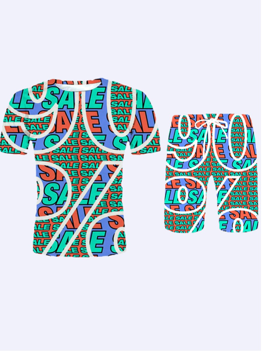 

Lovely Men Street Letter Print Patchwork Multicolor Two Piece Shorts Set, Multi