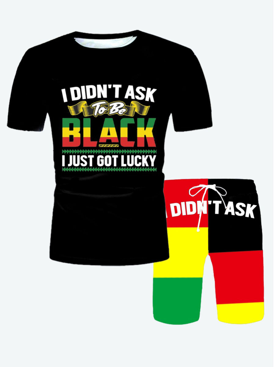 

LW Men Casual Letter Print Color-lump Black Two Piece Shorts Set