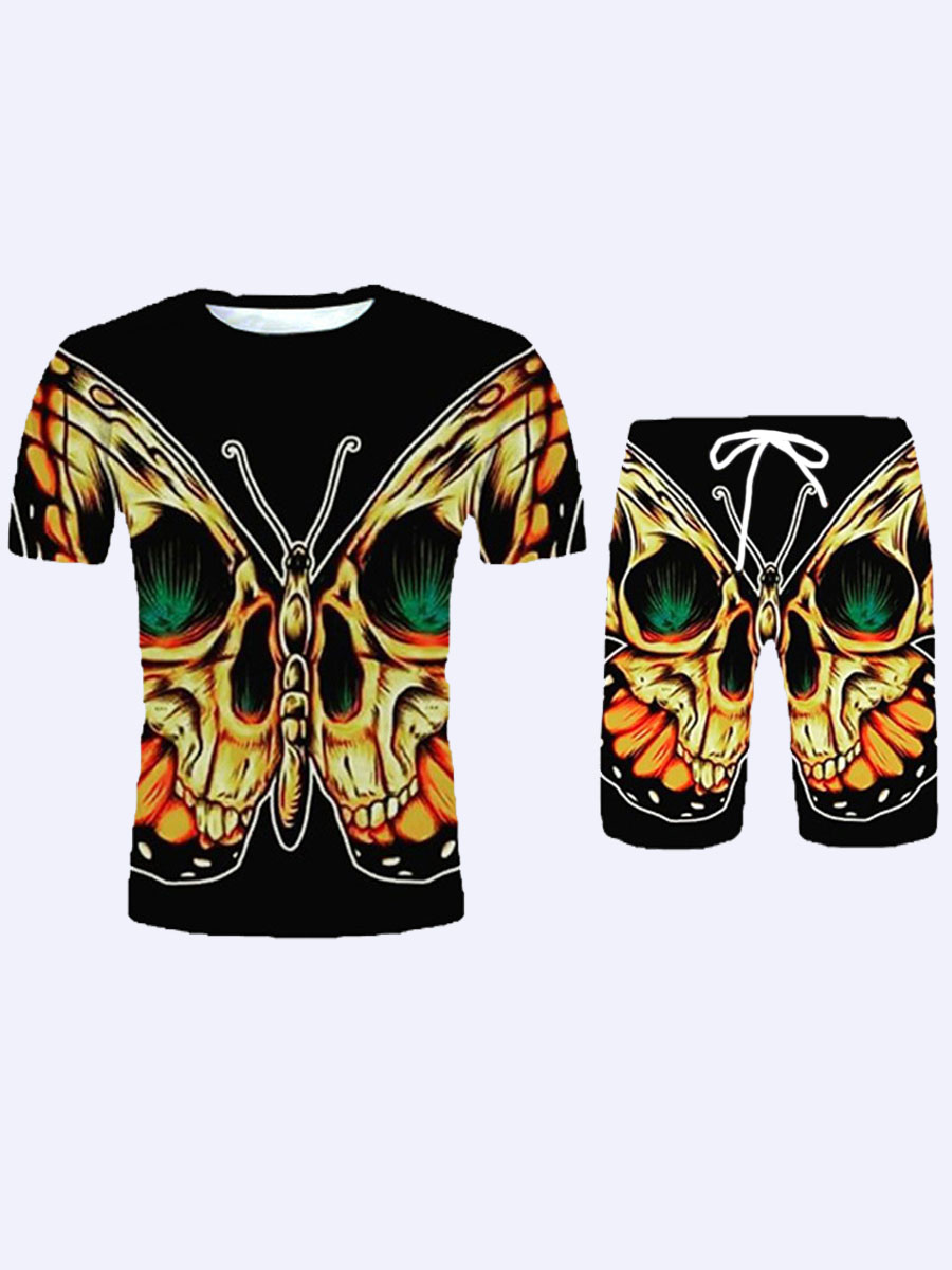

Lovely Men Street Butterfly Print Patchwork Black Two Piece Shorts Set