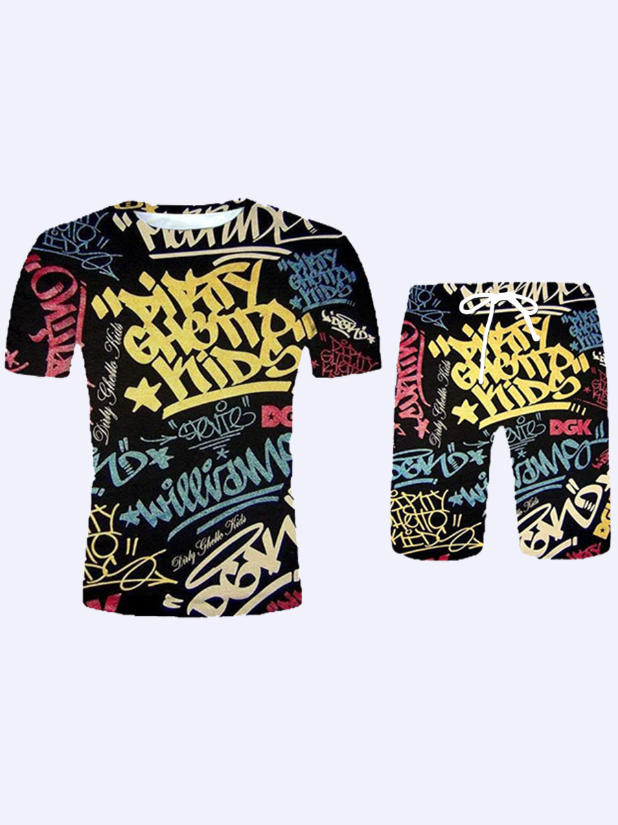 

Lovely Men Street Letter Print Patchwork Multicolor Two Piece Shorts Set, Multi