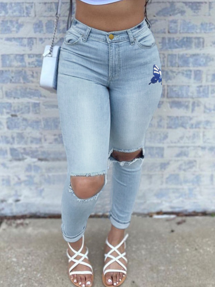 

Lovely Street Butterfly Print Ripped Baby Blue Jeans