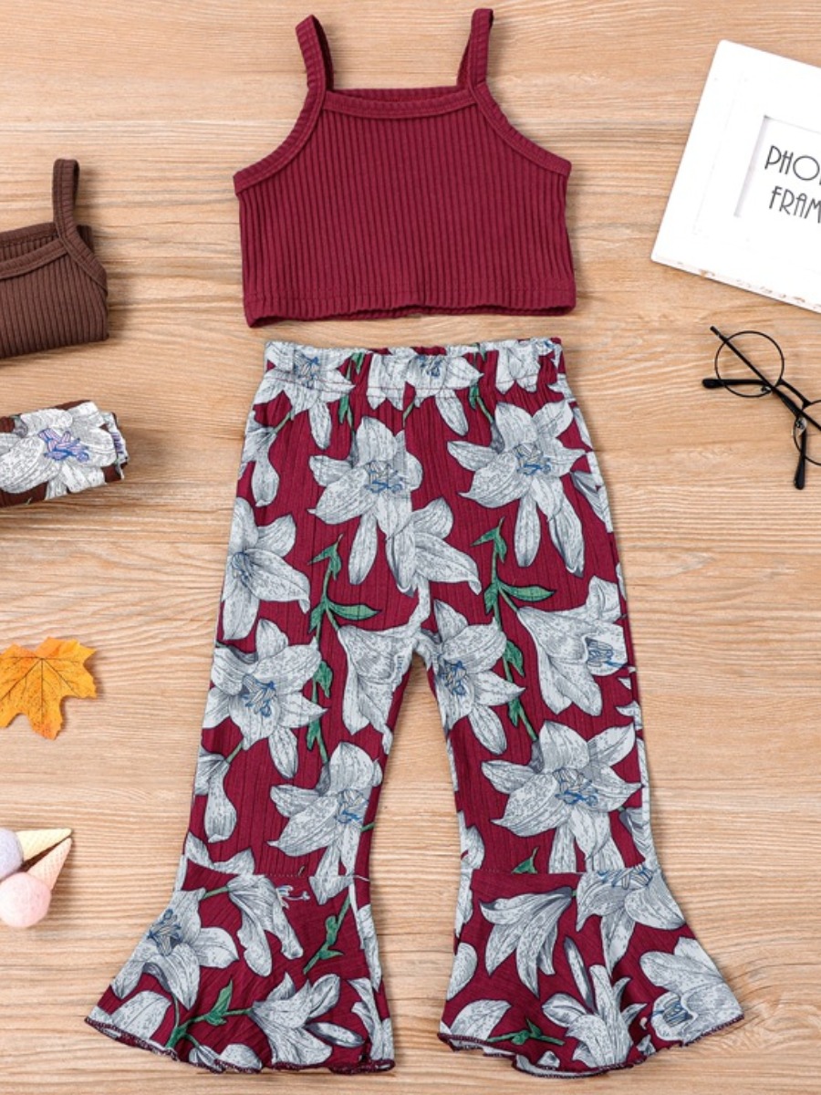 

Lovely Girl Street Rib-Knit Floral Print Flared Wine Red Two Piece Pants Set