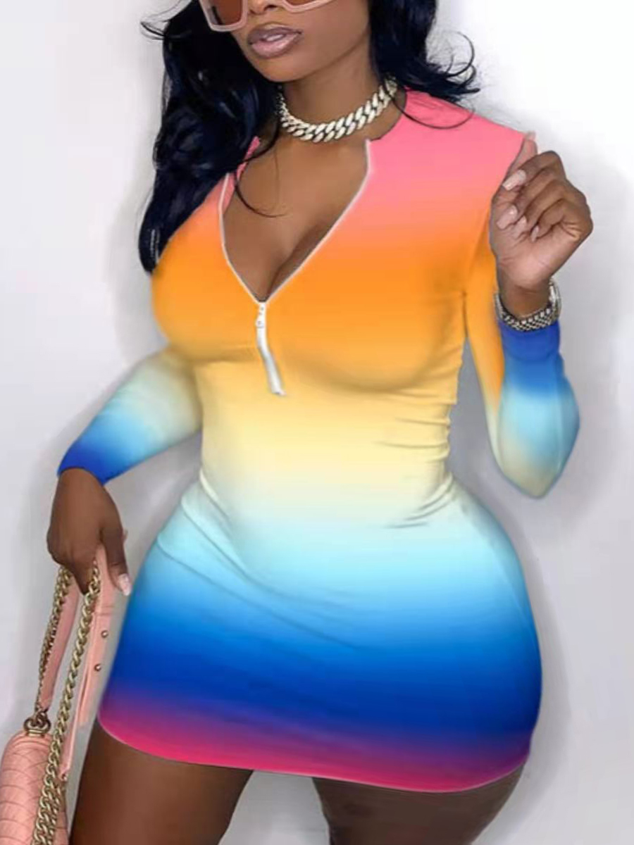 

Lovely Plus Size Street Gradient Zipper Design Multicolor Mini Dress, Multi