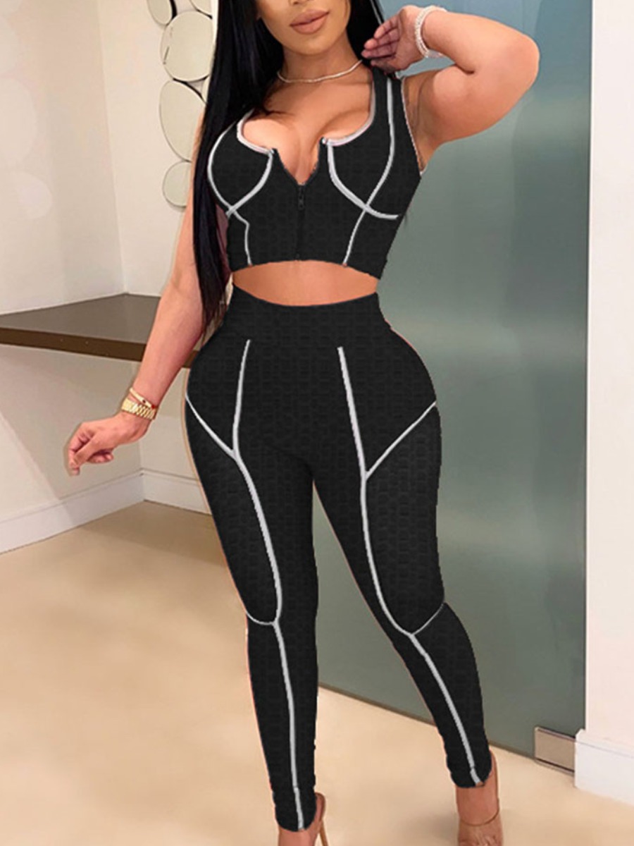 

Lovely Sporty U Neck Striped Black Two Piece Pants Set