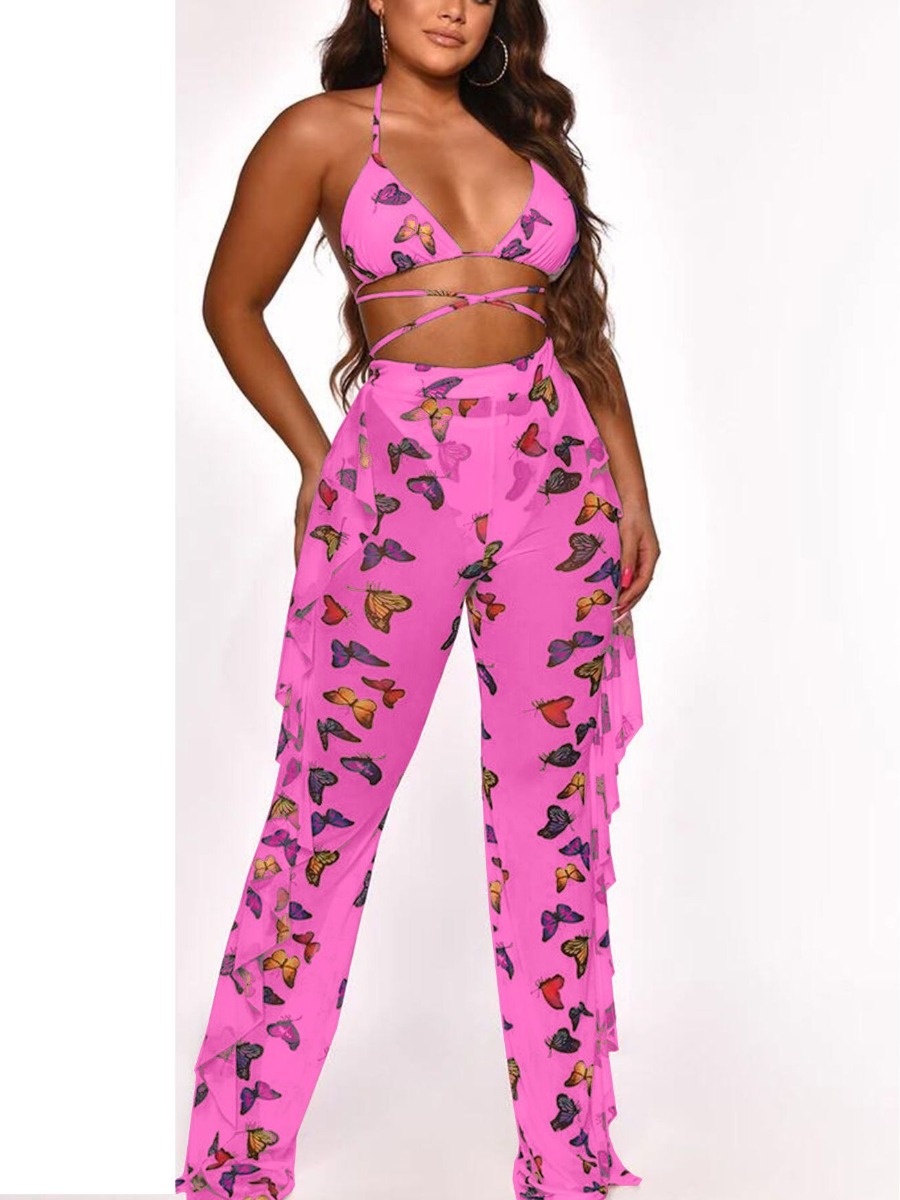 

Lovely Boho Butterfly Print Flounce Design Rose Red Two-piece Swimsuit