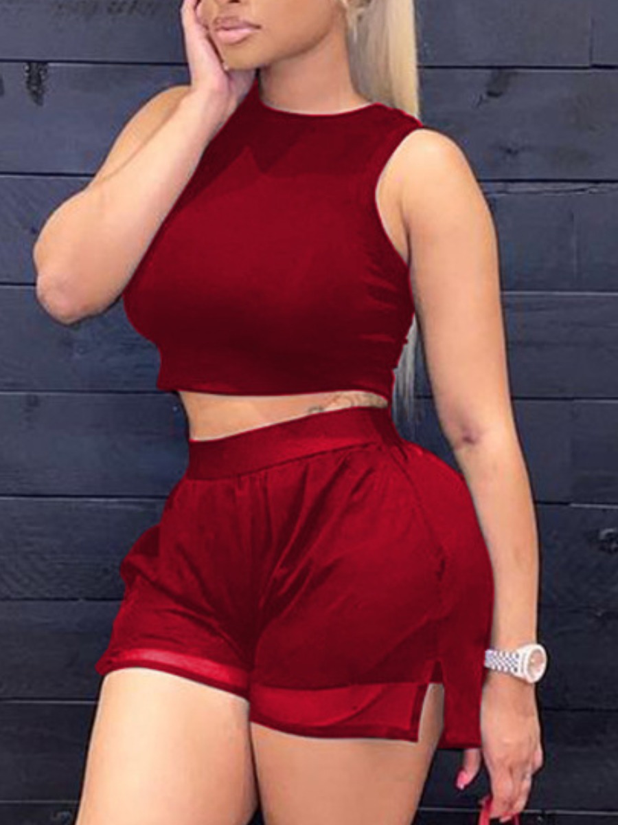 

Lovely Casual O Neck Split Wine Red Two Piece Shorts Set