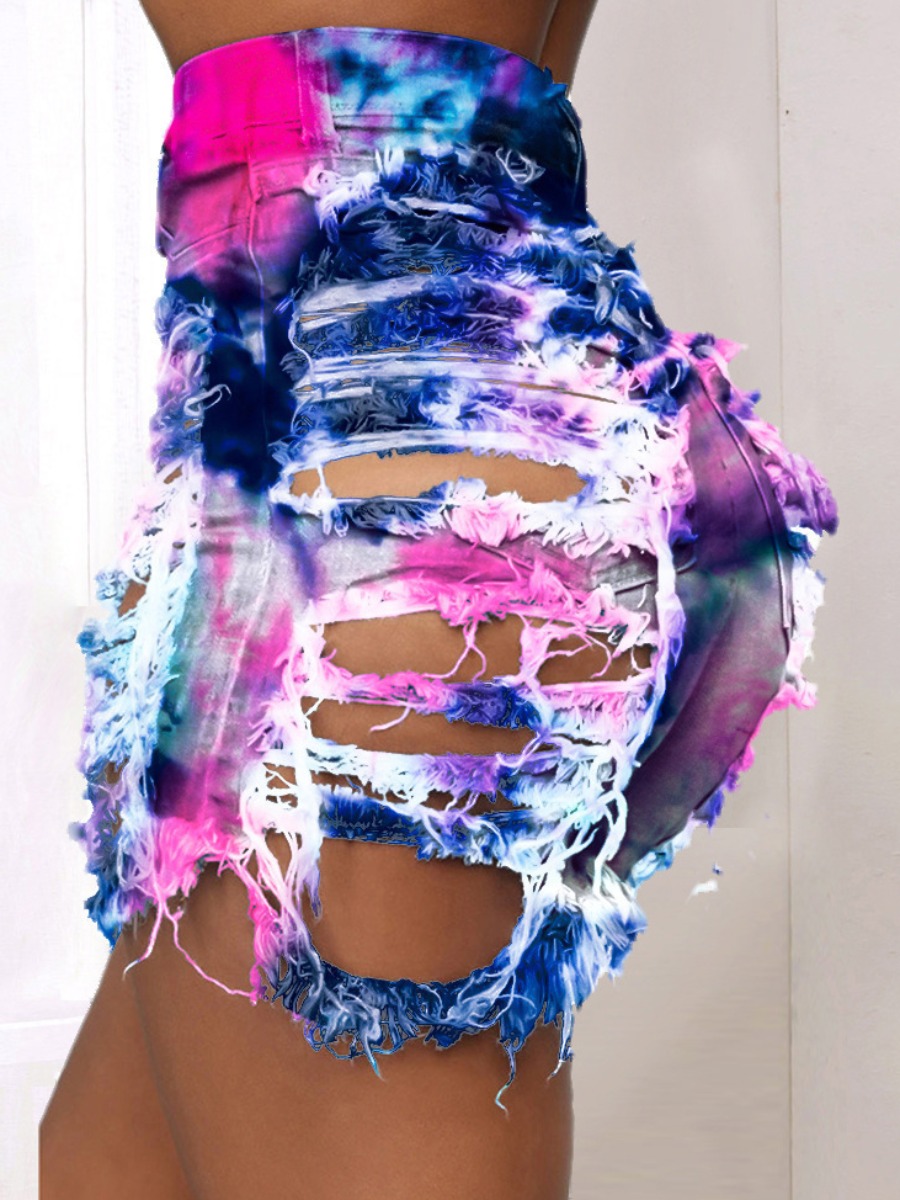 

Lovely Plus Size Street Tie-dye Ripped Rose Red Denim Shorts